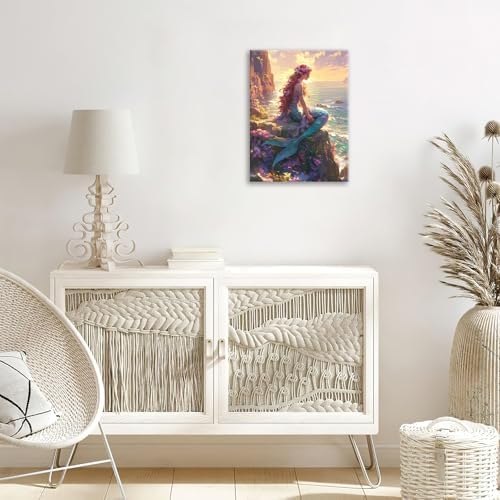 Mermaid Canvas Wall Art Ocean Pictures Mermaid Painting Coastal Prints Modern Artwork for Bathroom Living Room Bedroom Office Framed Wall Decor 20"x24"