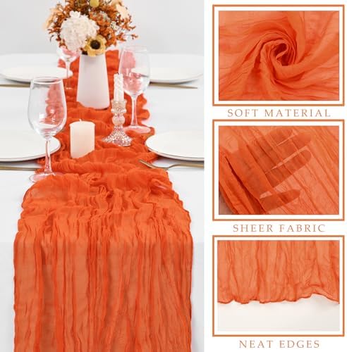 12 Pieces 10FT Orange Cheesecloth Table Runner Boho Gauze Fabric Runner for Tables Rustic Sheer Runner for Wedding Bridal Shower Birthday Holiday Party Cake Table Arbor Decor (35 x 120 Inches Long)