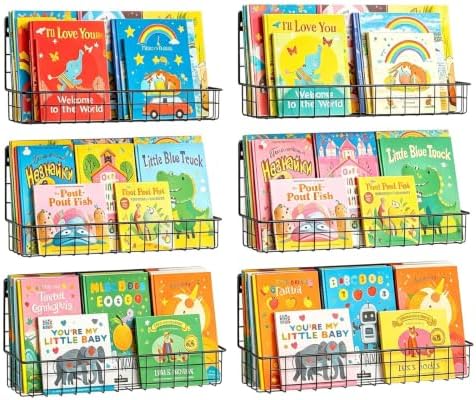 X-cosrack Floating Book Shelves for Wall Kids Bookshelf,Metal Hanging Wall Mounted Shelf for Nursery Toddler, Kids Room, Classroom,Set of 6,Black,2 Sizes