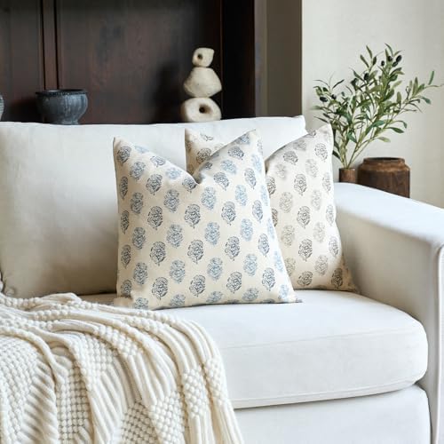 FIOUOVO Floral Vintage Throw Pillow Covers 20x20 Pillow Cover Block Print Decorative Cushion Covers Farmhouse Neutral Accent Home Décor for Sofa Couch Living Room Bedroom, 1PC, Aqua Blue
