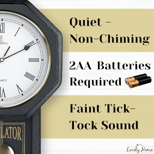 Pendulum Wall Clock, Real Wood Regulator Clock, Black, Quiet Non-Chiming