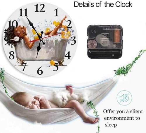 LOKMU Silent Non Ticking Clock 12 Inch, Round Wall Clock,Decorative for Living Room, Kitchen, Home,Bathroom, Bedroom, Office or School, African Woman Taking Shower