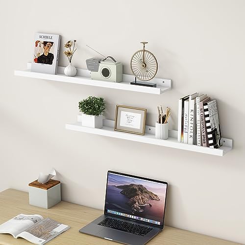 FLYJOE Picture Ledge Shelf for Wall, 36 inch Solid Ash Wood Nursery Book Shelves 2 Packs, Floating Shelves for Kids' Room Bedroom Bathroom Living Room Photo Frames Office Nursey Wall Decor, White