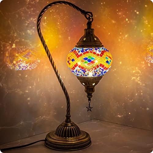 Yarra-Decor Turkish Moroccan Lamp with Bronze Base 3 Color Options Handmade Swan Neck Mosaic Glass Bedside Lamps for Bedroom (LED Bulb Included)(Orange2)