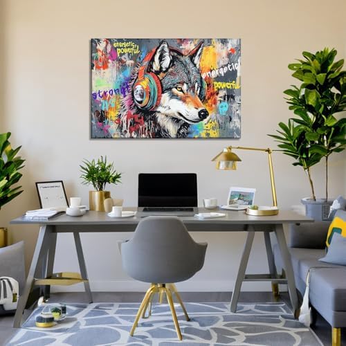 Wolf Canvas Wall Art - Wolf Wall Decor Graffiti Picture Funny Animal Listen to Music Painting Inspirational Prints Pop Artwork Office Living Room Home Decor Framed(Wolf-16,16.00"x24.00")