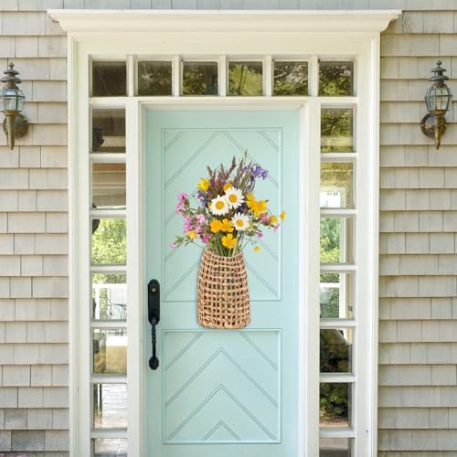 Hiceeden Woven Front Door Basket, Water Hyacinth Hanging Wall Flower Basket, Wall Decor Boho Decoration Veggies Storage Basket for Home, Pantry, Garden, Farmhouse