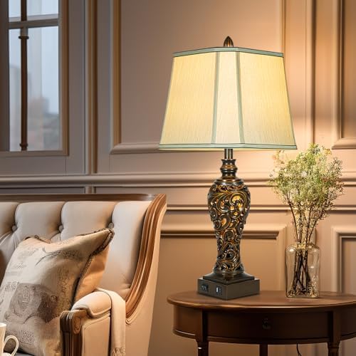 28.5" High Vintage Brown Table Lamps Set of 2 with Night Light, Dark Brown