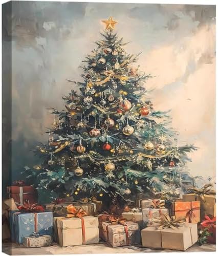 Framed Vintage Canvas Wall Art, Rustic Winter Evergreen Tree Pictures 24x36inch Pine Tree with Gifts Wall Decor for Kitchen, Bathroom, Room Decor Perfect for Winter, Christmas Decoration