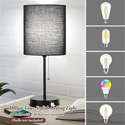 Bedside Table Lamps Set of 2 with USB Charging Ports and AC Outlet, Black