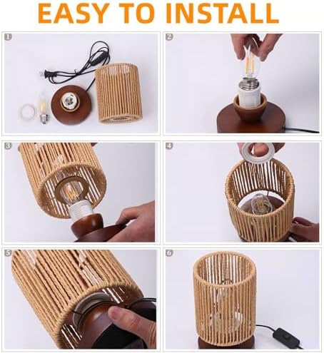 Rattan Table Lamp,Boho Small Beside Lamp,Mini Farmhouse Table Lamp for Room Decor,Vintage Wicker Wooden Nightstand Bamboo Woven End Table Lamps for Living Room Bedroom Desk Kids Room,LED Bulb Included