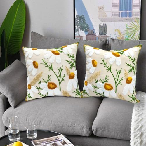 Alysheer Floral Embroidered Throw Pillow Cover 18"x18" Set of 2 White Daisy