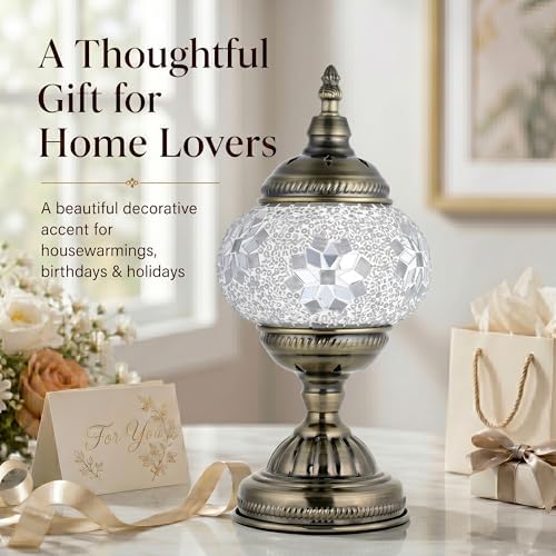 GOGERS Turkish Moroccan Table Lamp Lantern with Handmade Mosaic Glass Lampshade Tiffany Style Bohemian Stained Glass Decorative Desk Lamps Bedside Night Lights for Bedroom (White Fancy)
