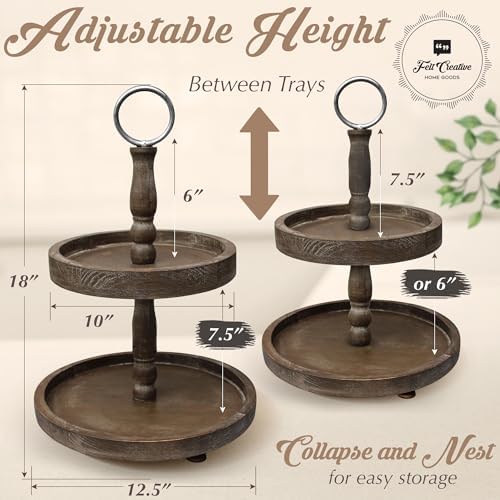 Premium Rustic Round 2 Tier Tray Stand - Farmhouse Wooden Tiered Tray Stand - Two Tiered Decorative Tray Centerpiece for Home Decor - Elegant Dessert Stand, Cupcake Stand, Coffee Bar Organizer