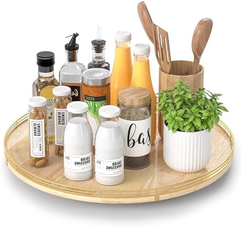 AMH 18-Inch Rustic Lazy Susan with Solid Oak Base and Black Iron Rail