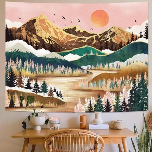 Neasow Mountain Tapestry, Nature Forest Tree Lake Landscape Tapestries SunSet Orange and Green Wall Decor for Home Bedroom 60×80 inch