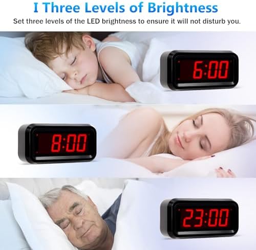 Digital Alarm Clock Battery Operated with LED Display for Bedrooms, Long Battery Life for 12 Months, 3 Brightness Adjustable, 12/24 Hour, Snooze, Black Case with Red Digits