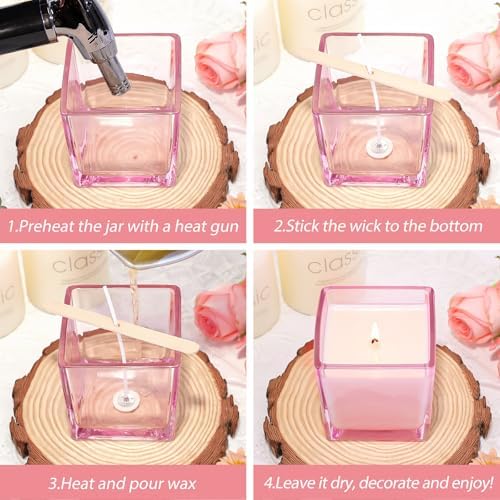CONNOO 12 Pack 9oz Pink Glass Square Candle Jars with Bamboo Lids