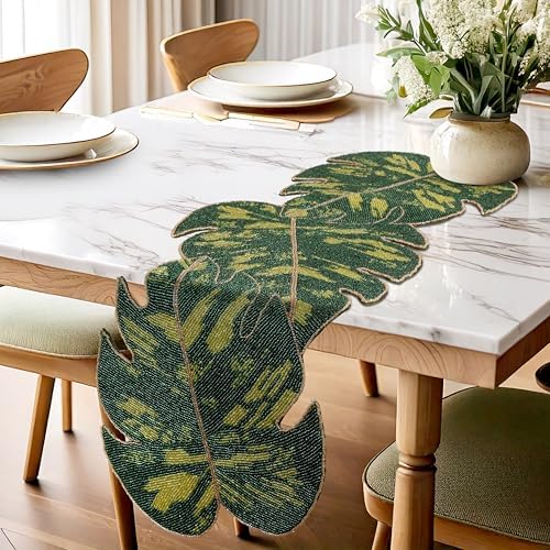 Monstera Leaf Beaded Table Runner 13 x 36 Inch, Handmade Glass Bead Runner for Dining Table, Coffee Table & Console Table, Tropical Farmhouse Centerpiece Decor for Holidays, Weddings & Everyday Use