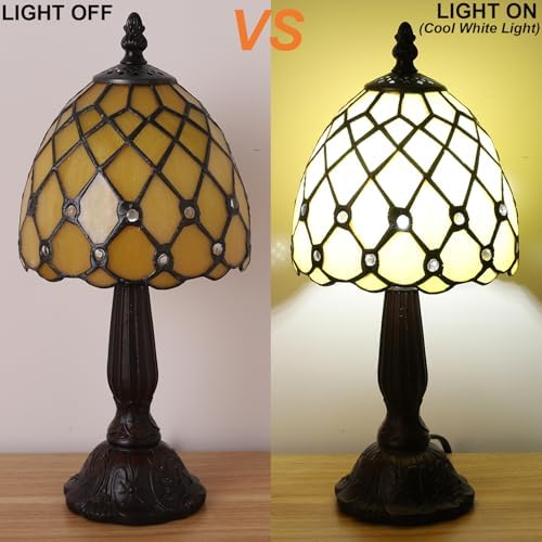 Small Tiffany Style Table Lamp,3 Color Temperature Beads Light Gold Stained Glass Table Lamps for Living Dining Room,Bedroom,Bedside Nightstand Night Light+LED E12 Bulb,6X6X13Inch