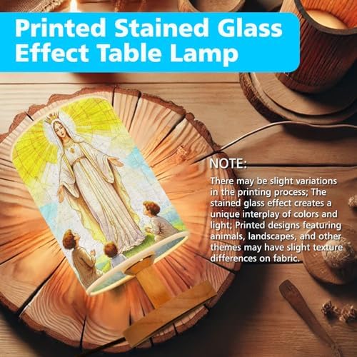 Our Lady of Fatima Apparition Table Lamp LED 3-Color Pressed Bedside, Our Lady of Fatima Apparition Shade Lamp with Wood Base for Bedroom Living Room Desk Office TL01