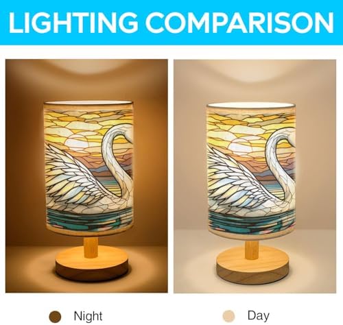 Swan Table Lamp LED 3-Color Pressed Bedside, Swan Shade Lamp with Wood Base for Bedroom Living Room Desk Office TL01