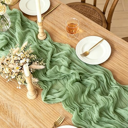 3Pcs Sage Green Cheesecloth Table Runner, 10FT Rustic Green Boho Gauze Table Runner for Spring Easter Woodland Safari Baby Shower Bridal Shower Wedding Tea Party Birthday Decorations