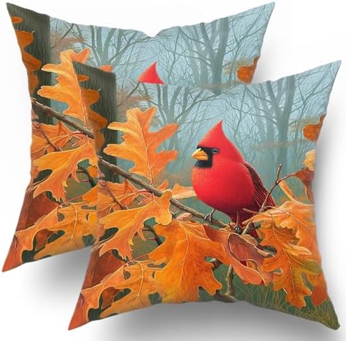 Fall Cardinal Throw Pillow Covers 20x20 Inch Set of 2 Red Bird Maple Leaves Decorative Pillowcase Autumn Foreset Landscape Seasonal Cushion Cover for Home Bedroom Sofa Chair Decor