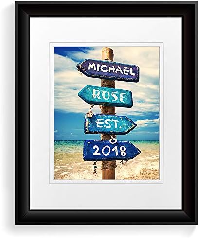 A&T ARTWORK Blue Signport Photo Prints Gift Couple's Names Sea and Love Sign Gift for Anniversary,Valentine's day,Wedding. 14x11 inches & D-Mats UNFRAMED
