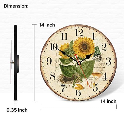 TAHEAT 14 Inch Beautiful Sunflower Wall Clock, Vintage Country Floral Silent Non Ticking Clocks, Wooden Round Easy to Read Wall Clock for Kitchen/Living Room/Bedroom/Bathroom