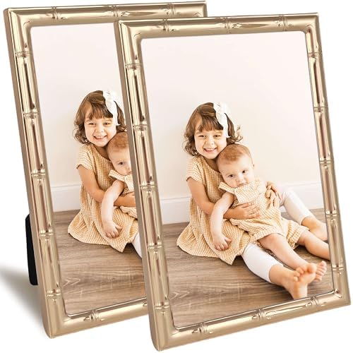 4x6 Gold Picture Frame with Elegant Metal Bamboo Design, 4 x 6 Photo Frames with HD Real Glass, Versatile Display for Tabletop or Wall Mounting, Great for Home Decor and Gift Giving (2Pcs)