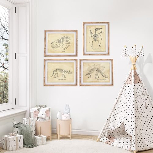 DREAM BIG PRINTABLES Dinosaur Fossils Art Prints (Set of 4) - Unframed - 8x10s | Vintage Dino Sketches of Triceratops, Stegosaurus, T-Rex Skull, and Pterodactyl | Boys Wall Decor