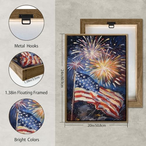 American Flag Framed Canvas Wall Art, 4th of July Patriotic Canvas Prints | USA Flag with Fireworks Poster Print, Modern Independence Day Wall Decor for Bedroom Living Room 20×24in