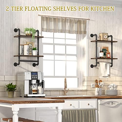 Helsin 2 Tier Industrial Pipe Floating Bathroom Shelves Wall Mounted with Towel Bar, Rustic Wood Wall Shelf, 16 Inch Metal Towel Rack Storage Bookshelf for Bathroom, Kitchen, Farmhouse, Living Room
