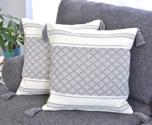 Throw Pillow Covers Gray, 20x20 inch -Set of 2 Grey/Designer Woven Boho Tassels Indoor Outdoor Checkered Cushion Covers for Couch, Patio/Farmhouse Accent Square Pillow Cases