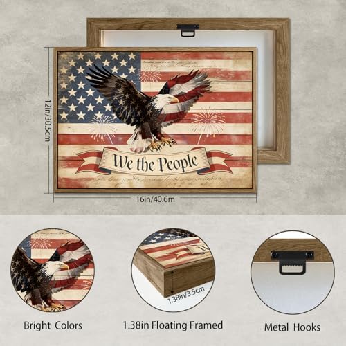 American Flag Framed Canvas Wall Art, 4th of July Patriotic Canvas Prints | USA Flag with Bald Eagle Poster Print, Vintage Independence Day Wall Decor for Bedroom Living Room 12×16in