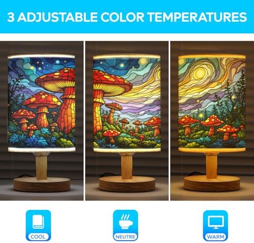 Mushroom Forest Table Lamp LED 3-Color Pressed Bedside, Mushroom Forest Shade Lamp with Wood Base for Bedroom Living Room Desk Office TL01