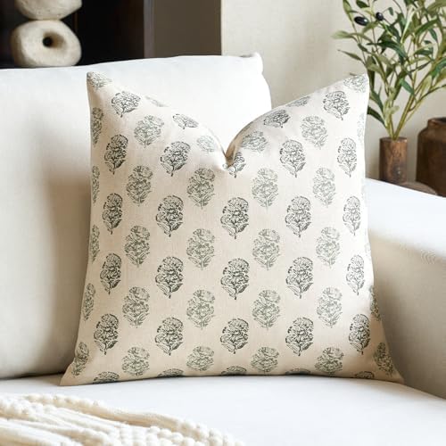 FIOUOVO Floral Vintage Throw Pillow Covers 20x20 Pillow Cover Block Print Decorative Cushion Covers Farmhouse Neutral Accent Home Décor for Sofa Couch Living Room Bedroom, 1PC, Olive Green