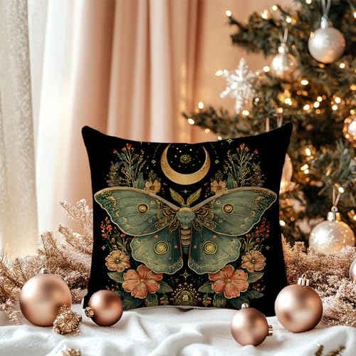 Mystical Luna Moth Pillow Cover 18x18 Double-Sided, Witchy Gothic Celestial Dark Floral Green Butterfly Decorative Throw Pillow Cover for Home Bedroom Living Room