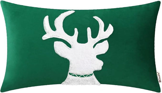 BRAWARM Christmas Pillow Cover 12 X 20 Inches, Christmas Green Reindeer Embroidered Lumbar Pillow Cover, Soft Velvet Decorative Throw Pillow for Couch Bed Sofa Living Room Home