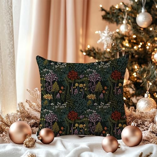Maximalist Whimsical Botanical Pillow Covers 18x18 Double-Sided, Plant Room Decor, Dark Cottagecore Rustic Forest Colorful Wildflower Plants Decorative Throw Pillow Covers