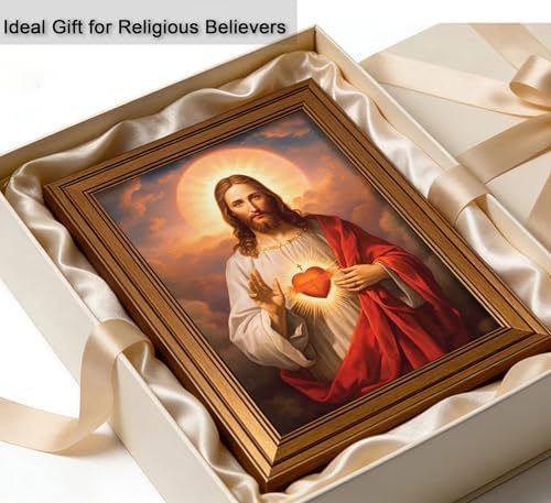 Vintage Gold Framed Jesus Wall Art Sacred Heart of Jesus Christian Canvas Prints Divine Mercy Picture Christ God Portrait Religious Beliefs Painting Poster Artwork for Living Room Bedroom Church