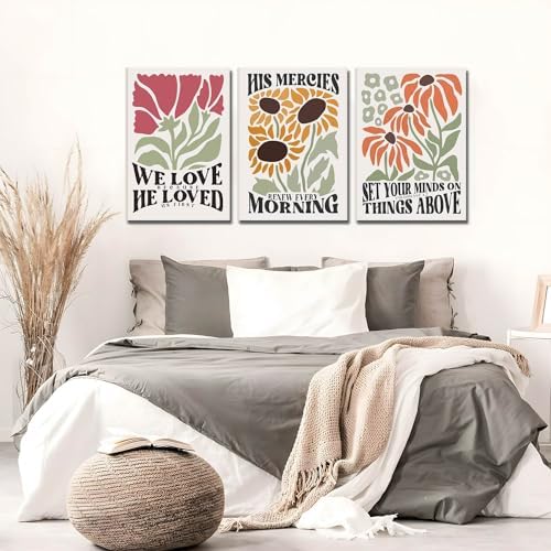 Framed Christian Bible Scripture Wall Art Set of 3 12x16 Inch | Flower Marke Pictures Decor Inspirational Paintings Religious Verses Canvas Prints, Artwork for Christian Women & Teen Girls