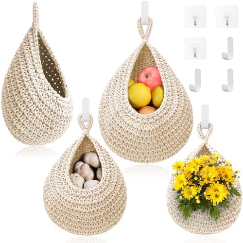 Hanging Fruit Baskets for Kitchen - 3 Pack Boho Wall Hanging Basket with 6 Pcs Strong Hooks, Handwoven Onion Storage Teardrop Home Onion Basket for Fruits Vegetable Potato Kitchen Storage (White)