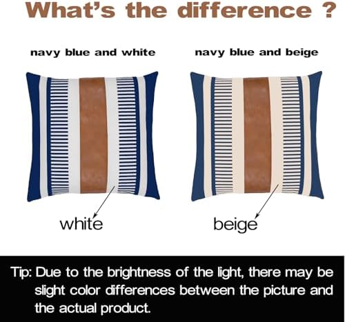 Farmhouse Stripe Pillow Cover 18x18 Boho Accent Cushion Case Faux Leather Decorative Pillowcase,Navy Blue and Beige (Cover ONLY, Pack of 2)