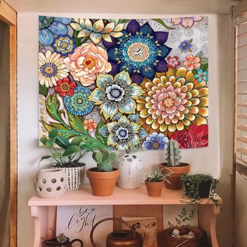 Neasow Colorful Floral Tapestry Wall hanging, Bright Boho Fabric Blossom Tapestries, Multi Color Tapestry for Bedroom Home Hippie Wall Decor 60×80 inch