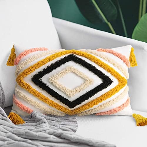 JASEN Colorful Boho Throw Pillow Covers 12x20, Diamond Pattern Lumbar Pillow Covers with Tassel Woven Tufted Decorative Pillow Cover for Couch Sofa Bedroom Living Room