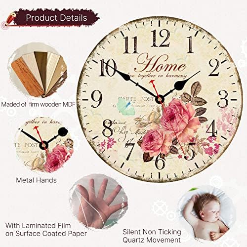 VIKMARI 14in Wooden Floral Wall Clock Battery Operated Silent Home Decor