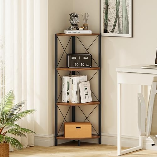 Snughome Rustic Corner Shelf Stand for Desktop, 4 Tier Corner Storage Plant Shelf, Freestanding Corner Shelf Display Rack, Multi-Unit Organizer for Living Room, Home Office, Small Space，Rustic Brown