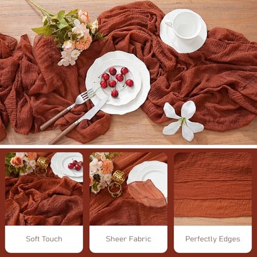 2Pcs Cheesecloth Table Runner Terracotta 10FT Boho Gauze Cheese Cloth Table Runners 120 Inches Long Rustic Sheer for Centerpiece Home Party Christmas Wedding Baby Shower Spring Easter Decor