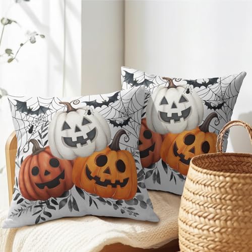 Halloween Pumpkin Throw Pillow Covers 22x22 Inch Pumpkins Jack-O-Lanterns with Black Bat Web Decorative Holiday Pillow Case Cotton Linen Fall Farmhouse Cushion Cover for Home Sofa Couch